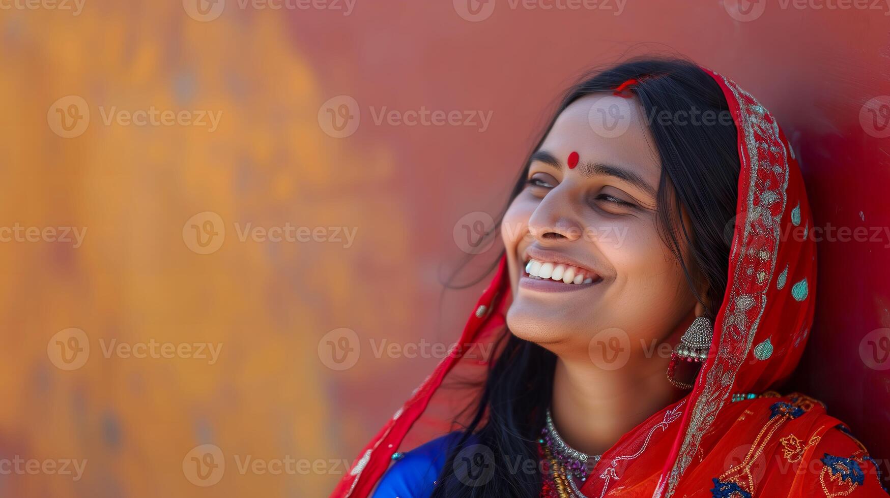 ai genererad smiley indisk kvinna, strålande glädje i en medium skott foto