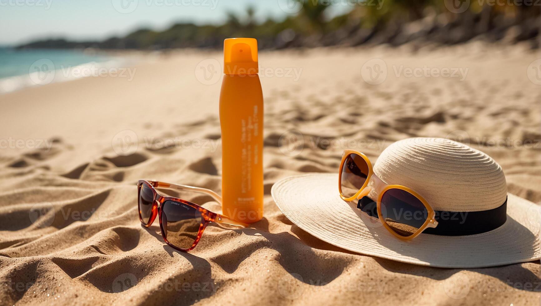 ai genererad Solskydd, hatt, solglasögon på hav bakgrund foto