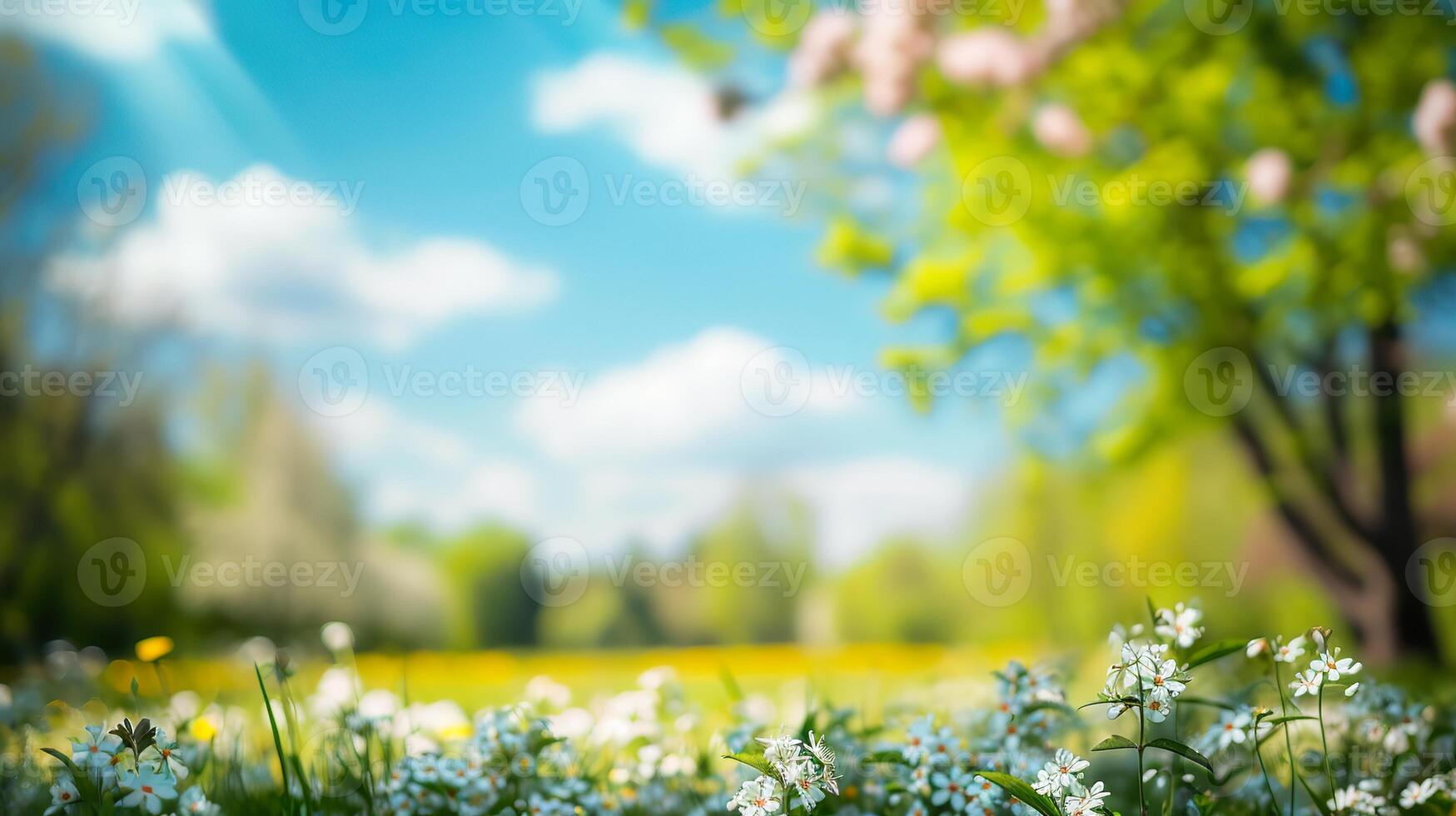 ai genererad solig dag i natur, suddig vår bakgrund med blomning träd och blå himmel foto