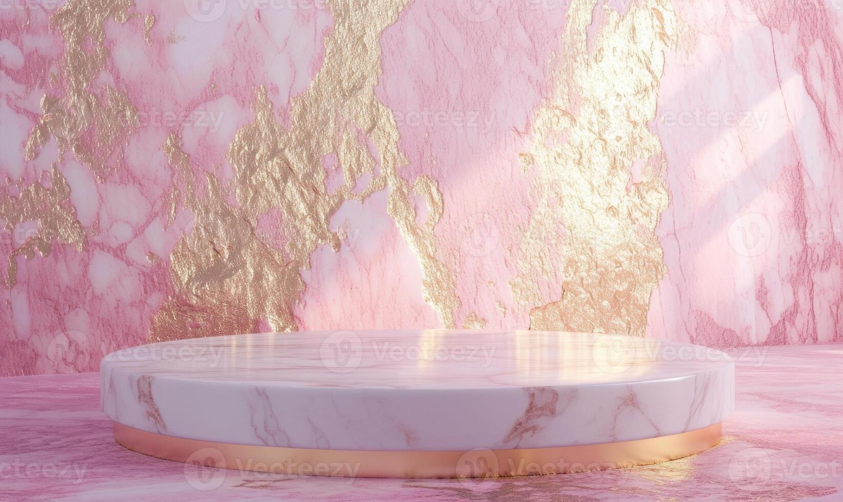 ai genererad abstrakt minimal scen med marmor podium och tropisk löv på rosa bakgrund. foto