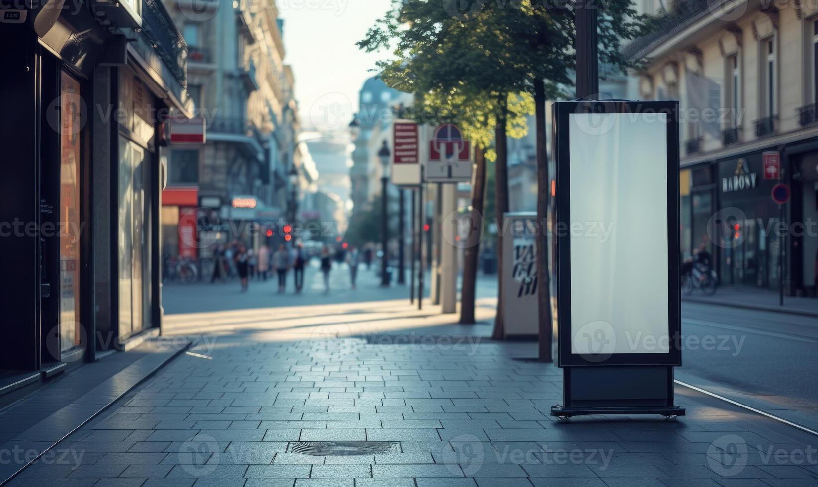 ai genererad tom gata anslagstavla på stad gata. falsk upp av vertikal reklam stå i de gata foto