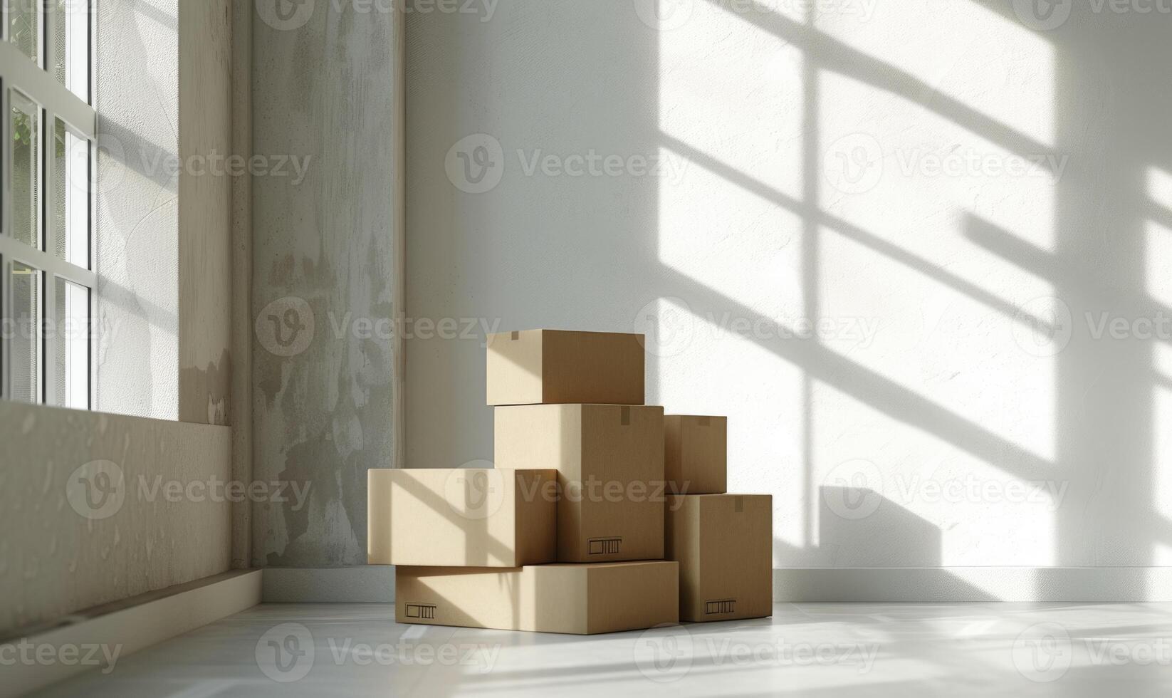 ai genererad stack av kartong lådor i vit rum med solljus. Plats för text. låda attrapp på vit foto