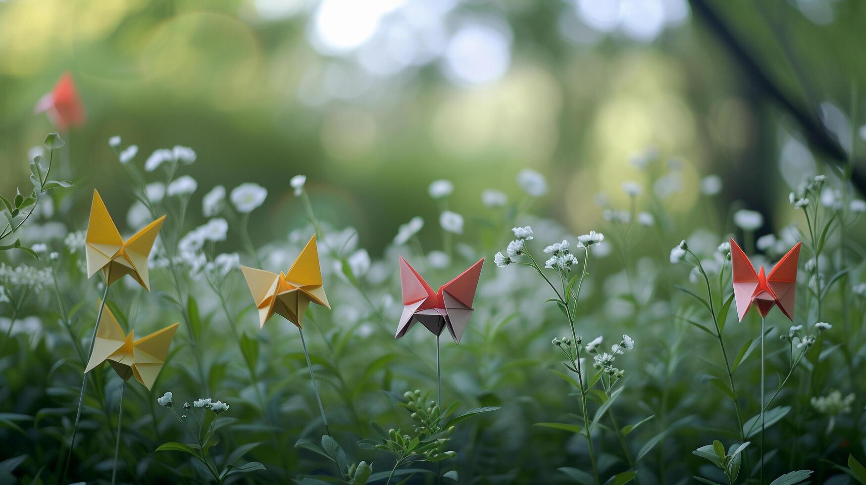 ai genererad origami trädgård, illustrera ett förtjusande trädgård scen med origami blommor, växter och fjärilar, bakgrund bild, generativ ai foto