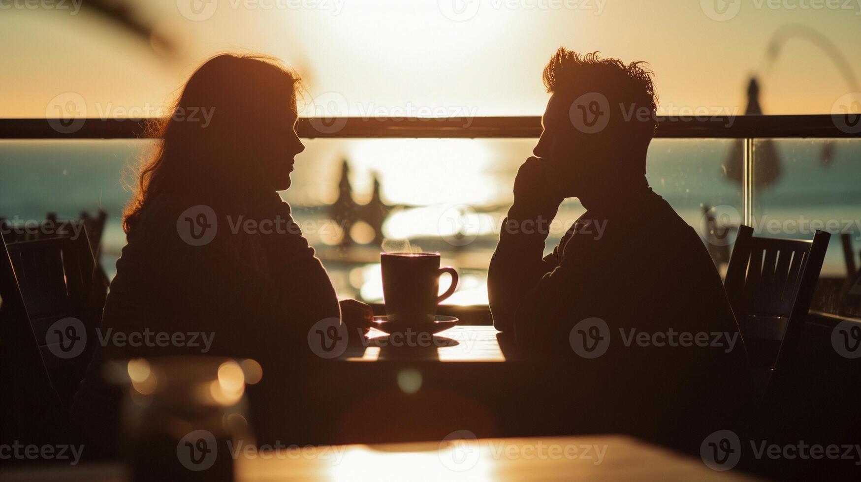 ai genererad kust kaffe datum, par eller vänner Sammanträde på en strandnära Kafé, bakgrund bild, generativ ai foto