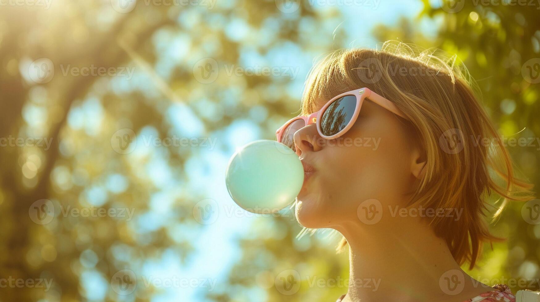 ai genererad porträtt av en ung vit kvinna bär solglasögon blåser bubbla gummi, bakgrund bild, generativ ai foto