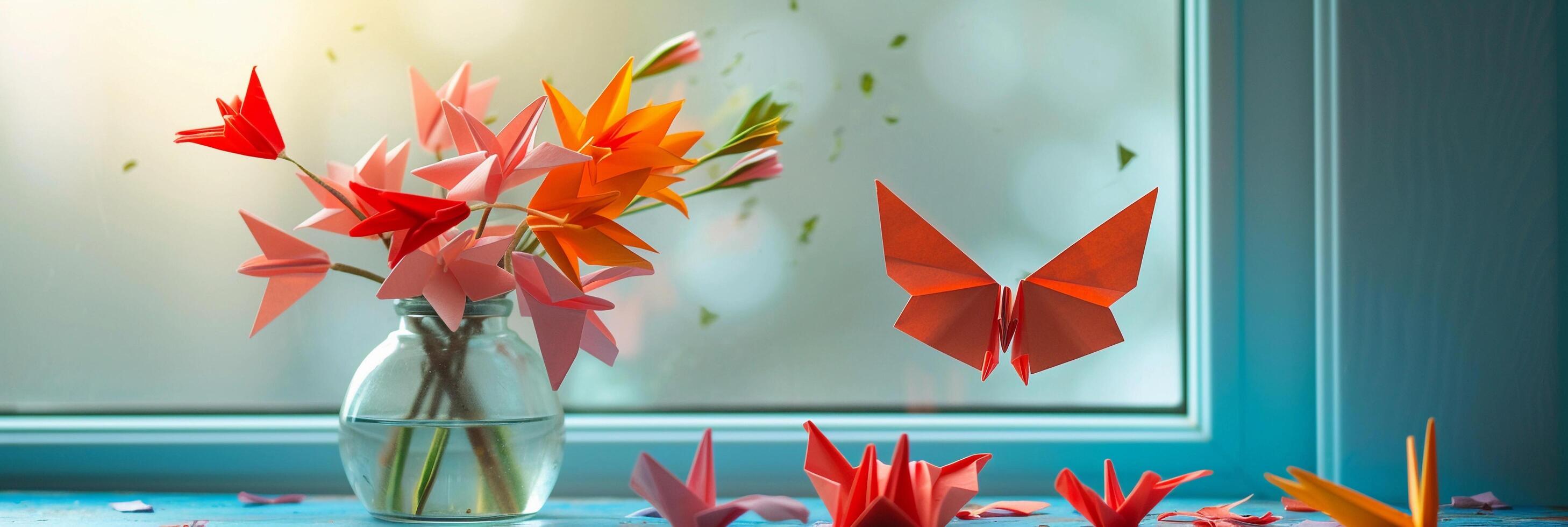 ai genererad origami fortfarande liv, sofistikerad fortfarande liv arrangemang med origami objekt, bakgrund bild, generativ ai foto