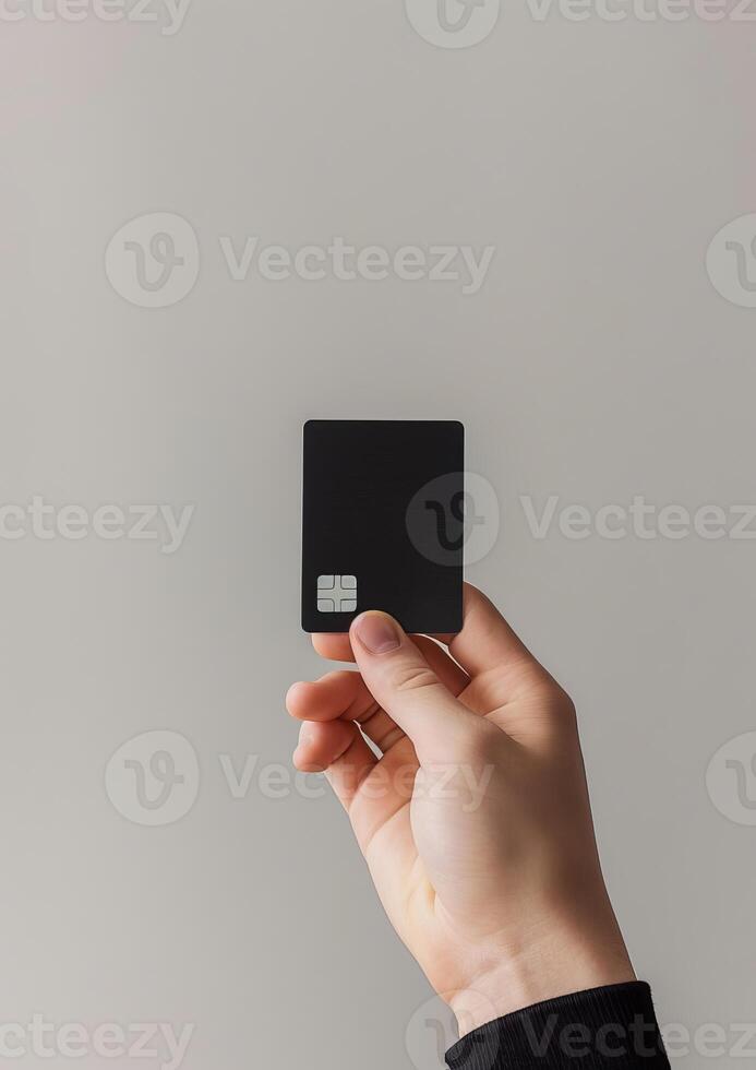 ai genererad hand innehar en svart plast Bank kort på en grå bakgrund foto