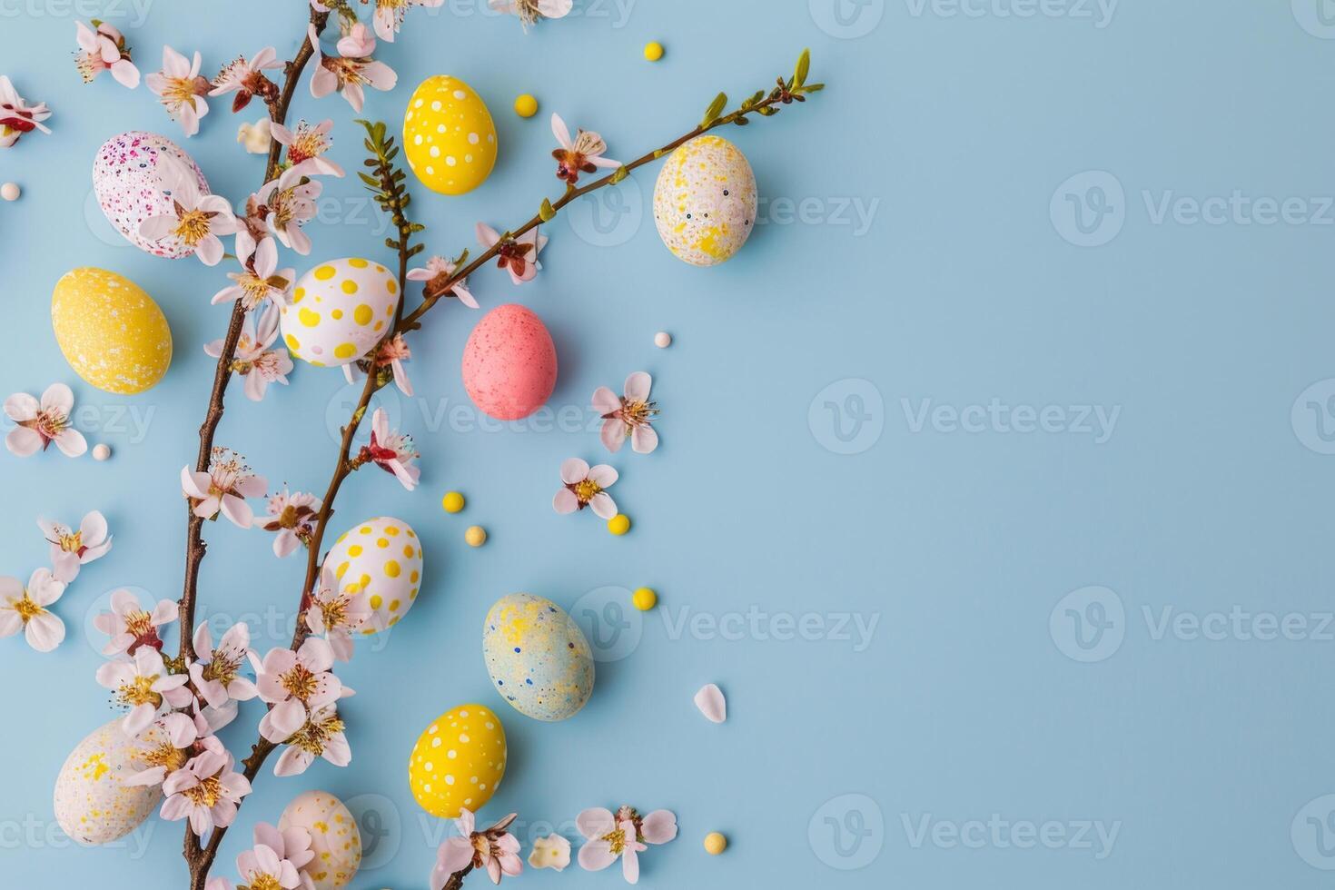 ai genererad Lycklig påsk, färgrik påsk choklad ägg med körsbär blommar platt lägga på blå bakgrund. eleganta anbud vår mall med Plats för text. hälsning kort eller baner foto