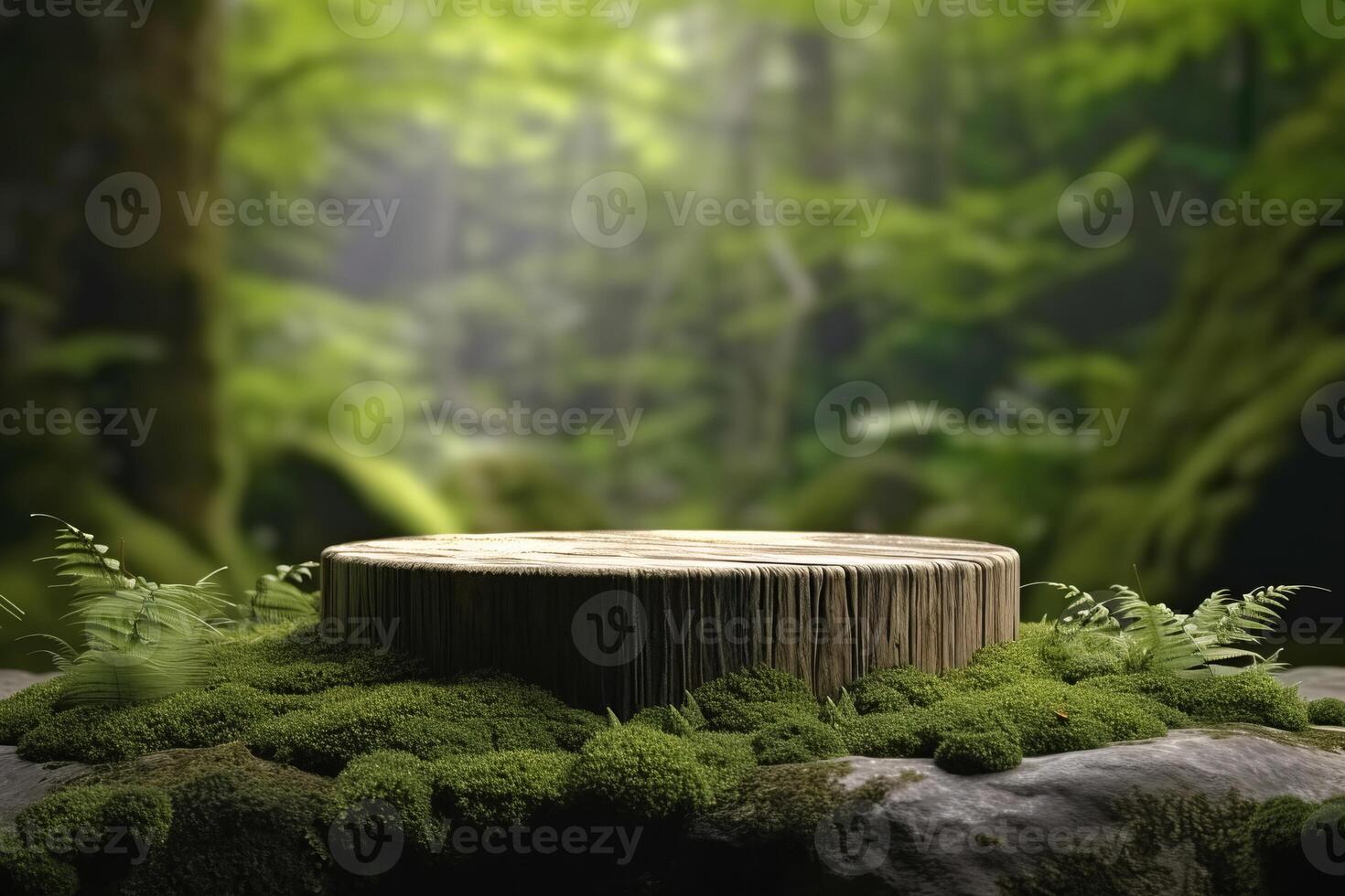 ai genererad platt sten podium i de magisk skog , tömma runda stå bakgrund med ljus strålar kommande från Bakom foto