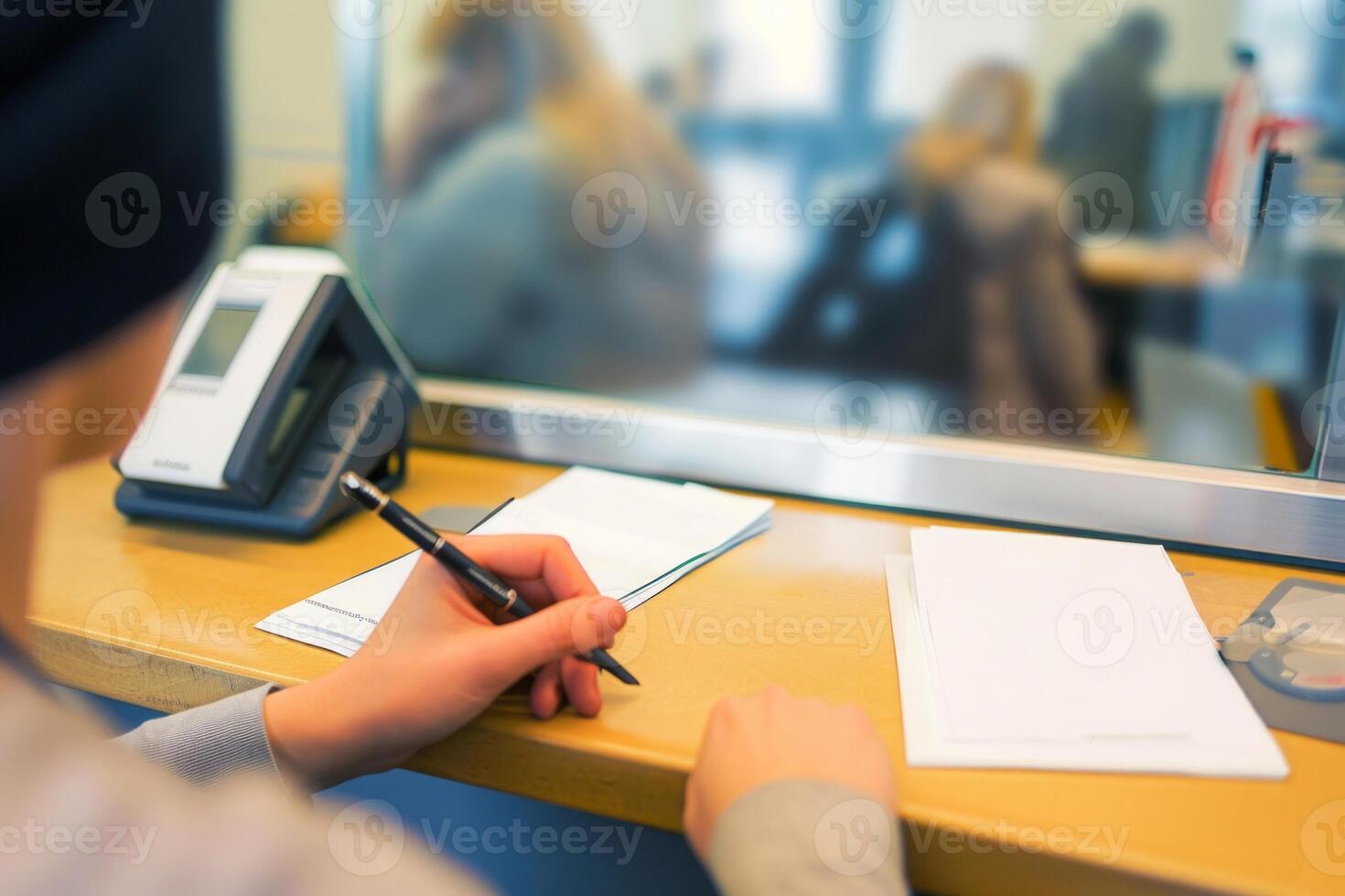 ai genererad människor och finansiera begrepp - kund med penna och papper skrivning Ansökan på Bank kontor foto