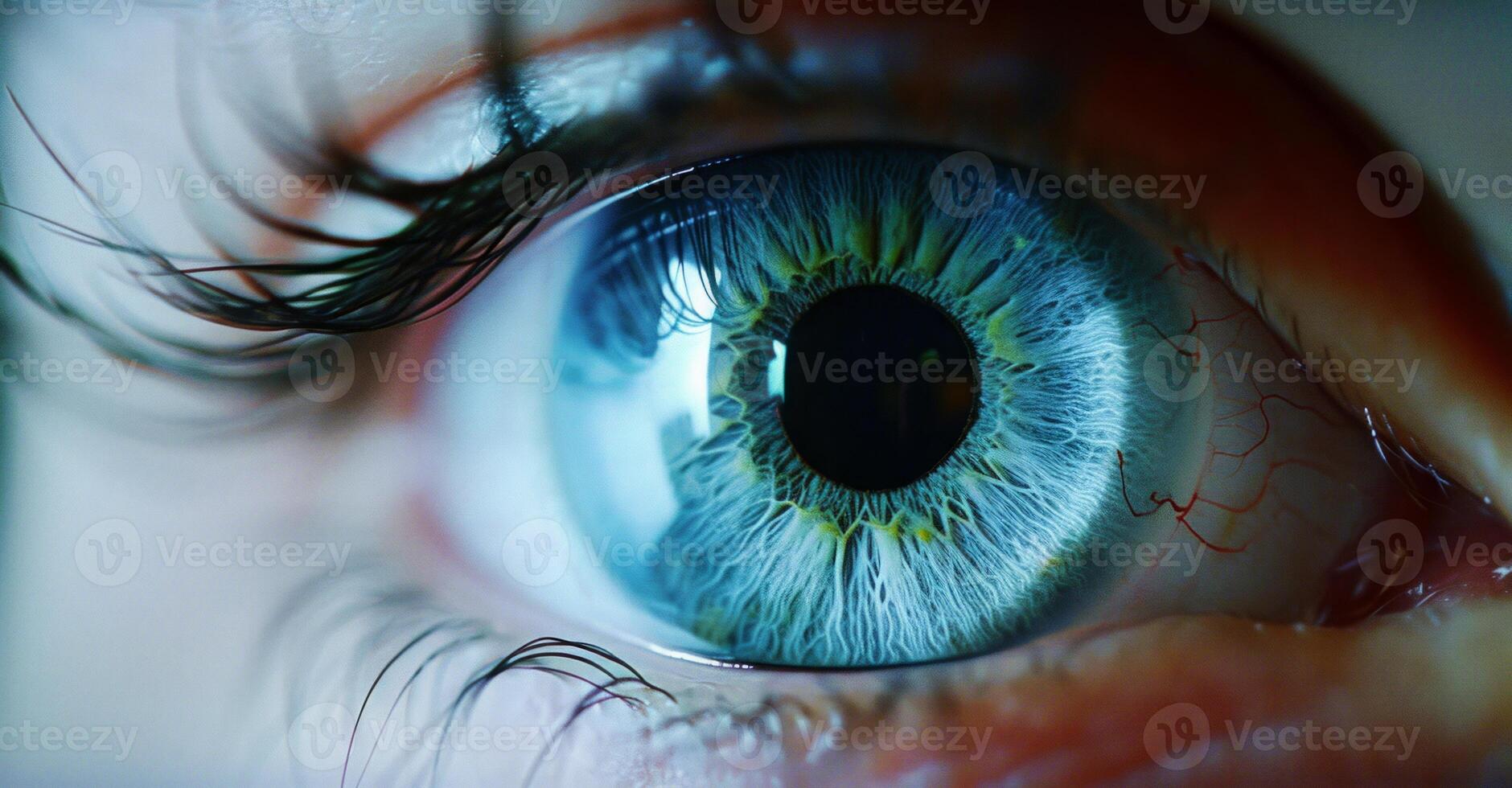 ai genererad perfekt blå öga makro i en steril miljö och perfekt syn i upplösning 6k, begrepp, de syn av de framtida och friska liv begrepp. se exakt och hetero till de mål. foto