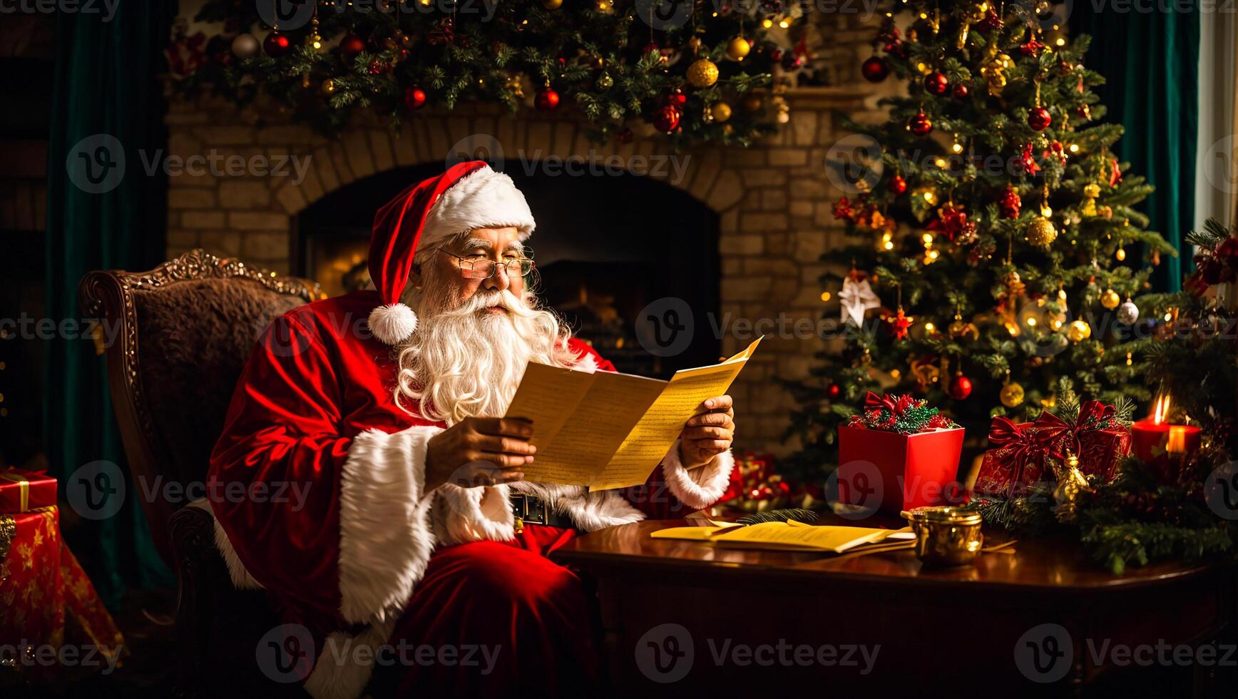 ai genererad santa claus i de jul träd rum foto