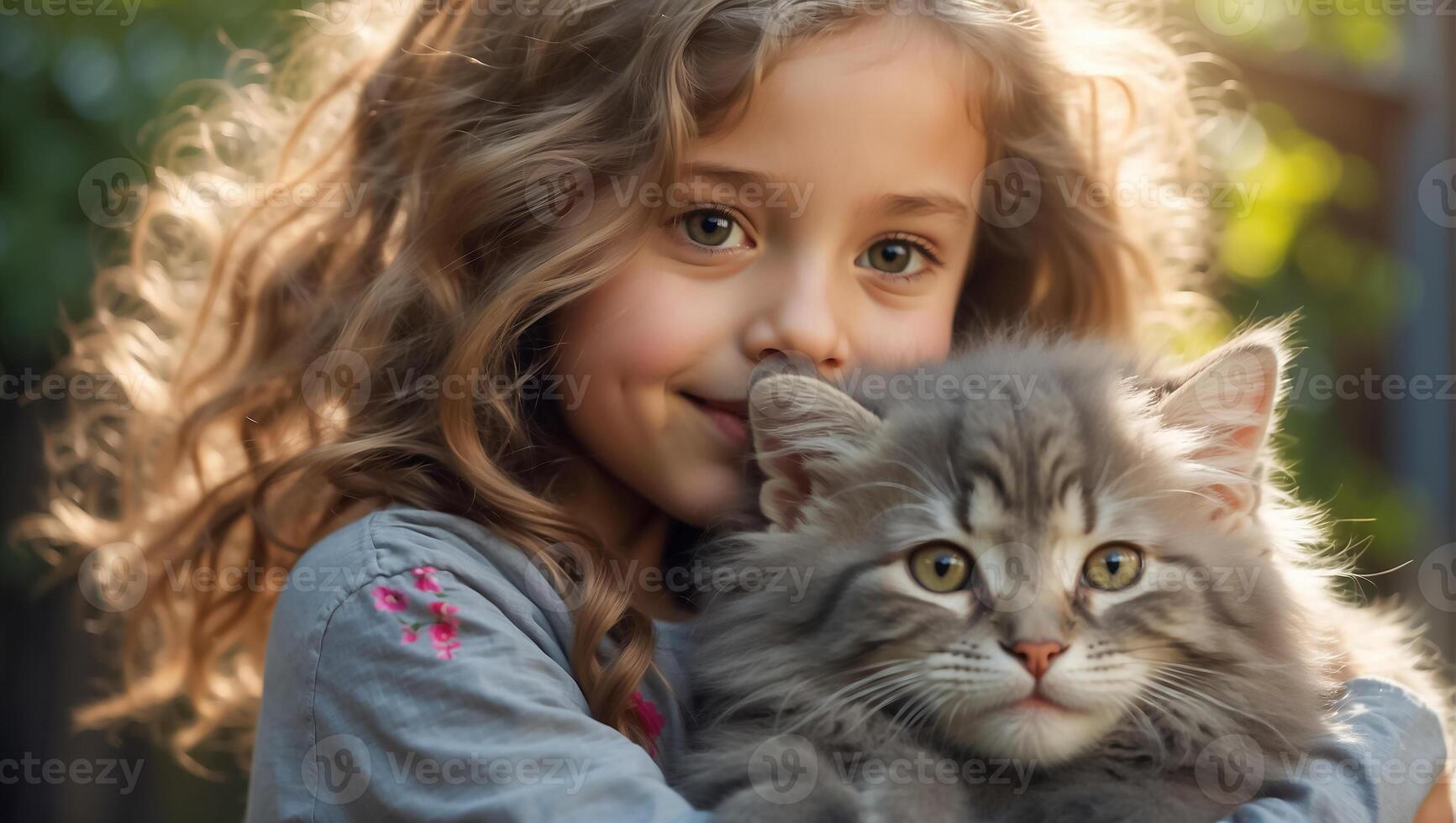ai genererad liten flicka med söt katt utomhus- porträtt foto