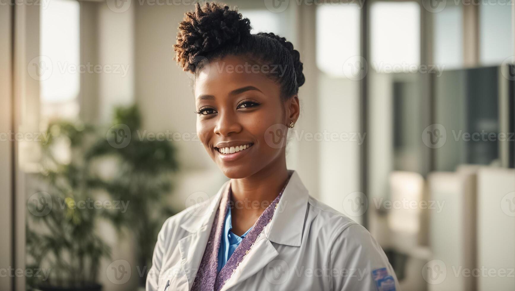 ai genererad porträtt av en Lycklig afrikansk amerikan kvinna läkare i en flicka klinik foto
