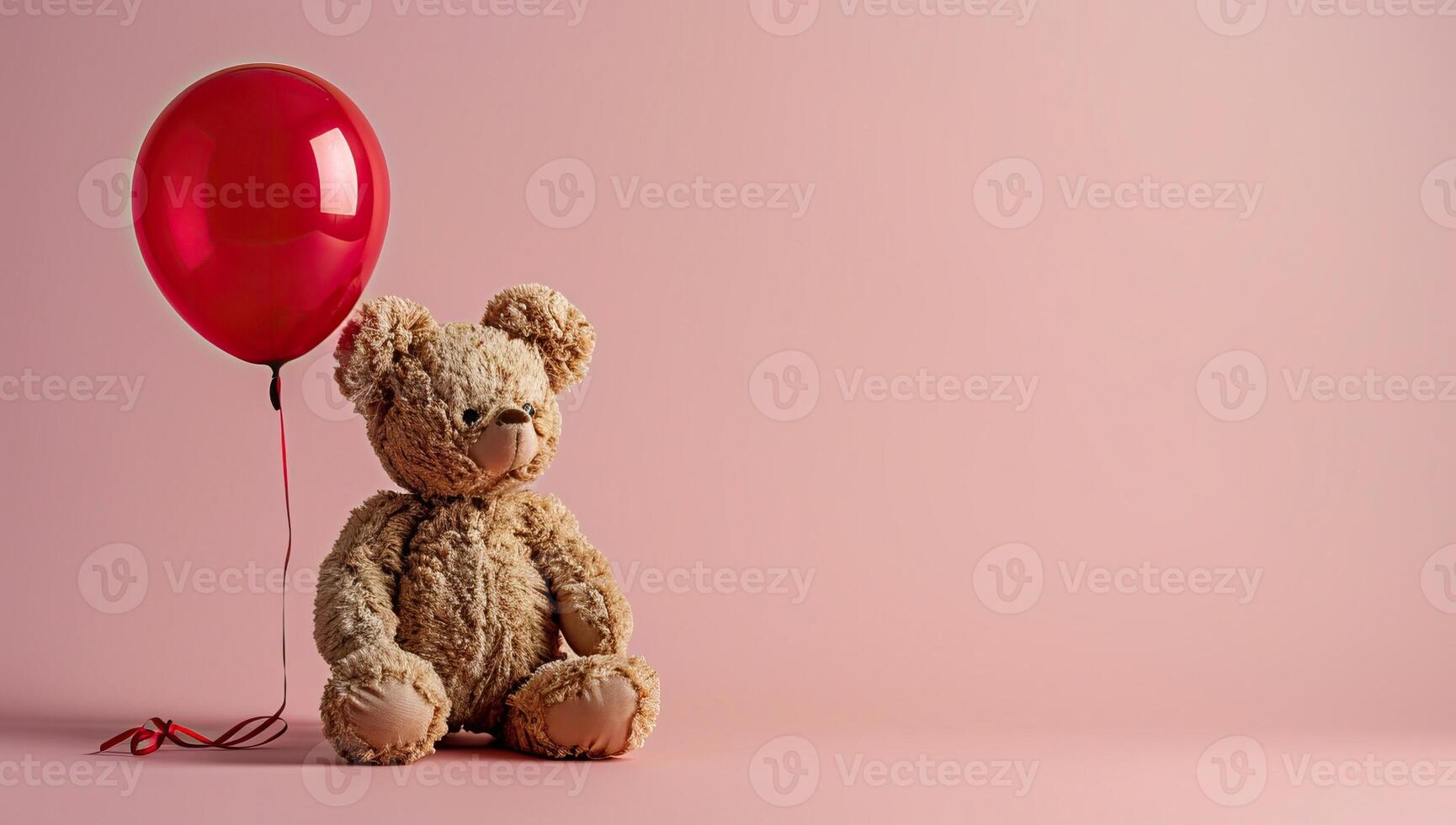 ai genererad teddy Björn med röd ballong på rosa bakgrund foto