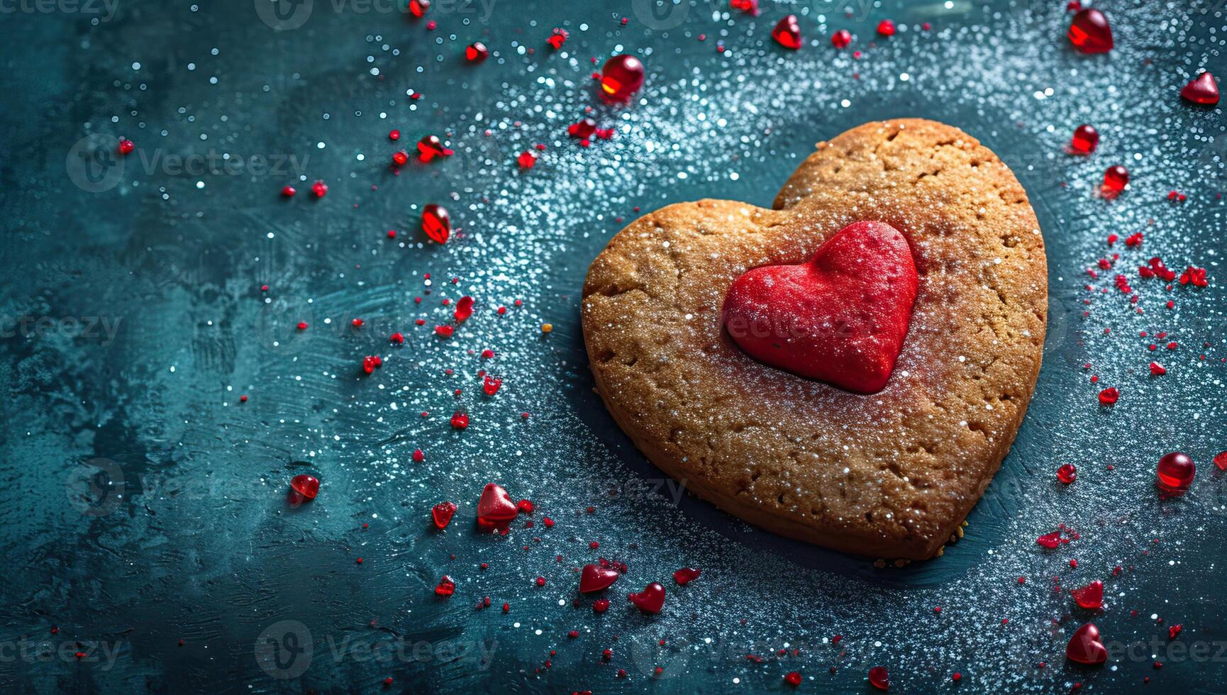 ai genererad hjärta formad kaka med glasyr socker och röd hjärta på mörk blå bakgrund foto