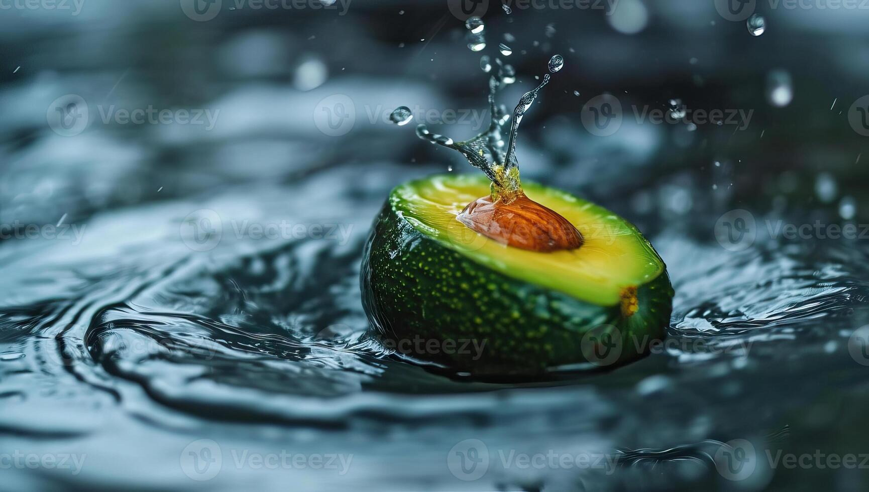 ai genererad avokado faller in i de vatten med stänk och droppar av vatten foto