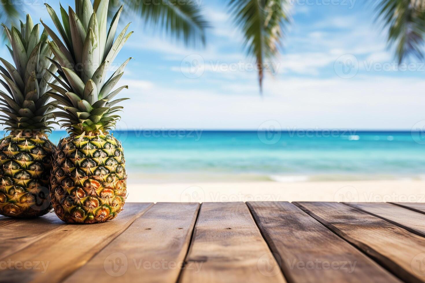 ai genererad trä- tabell topp med två gott ananas på tropisk strand hav eller hav sommar bakgrund foto