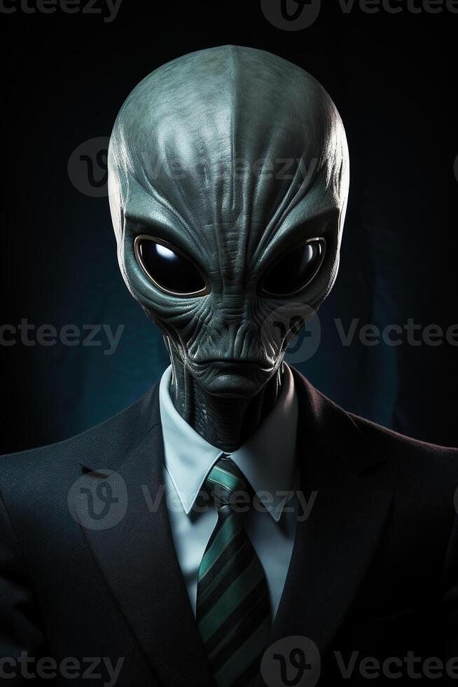ai genererad vertikal porträtt av ett humanoid utomjording i en företag kostym med slips på en svart bakgrund foto
