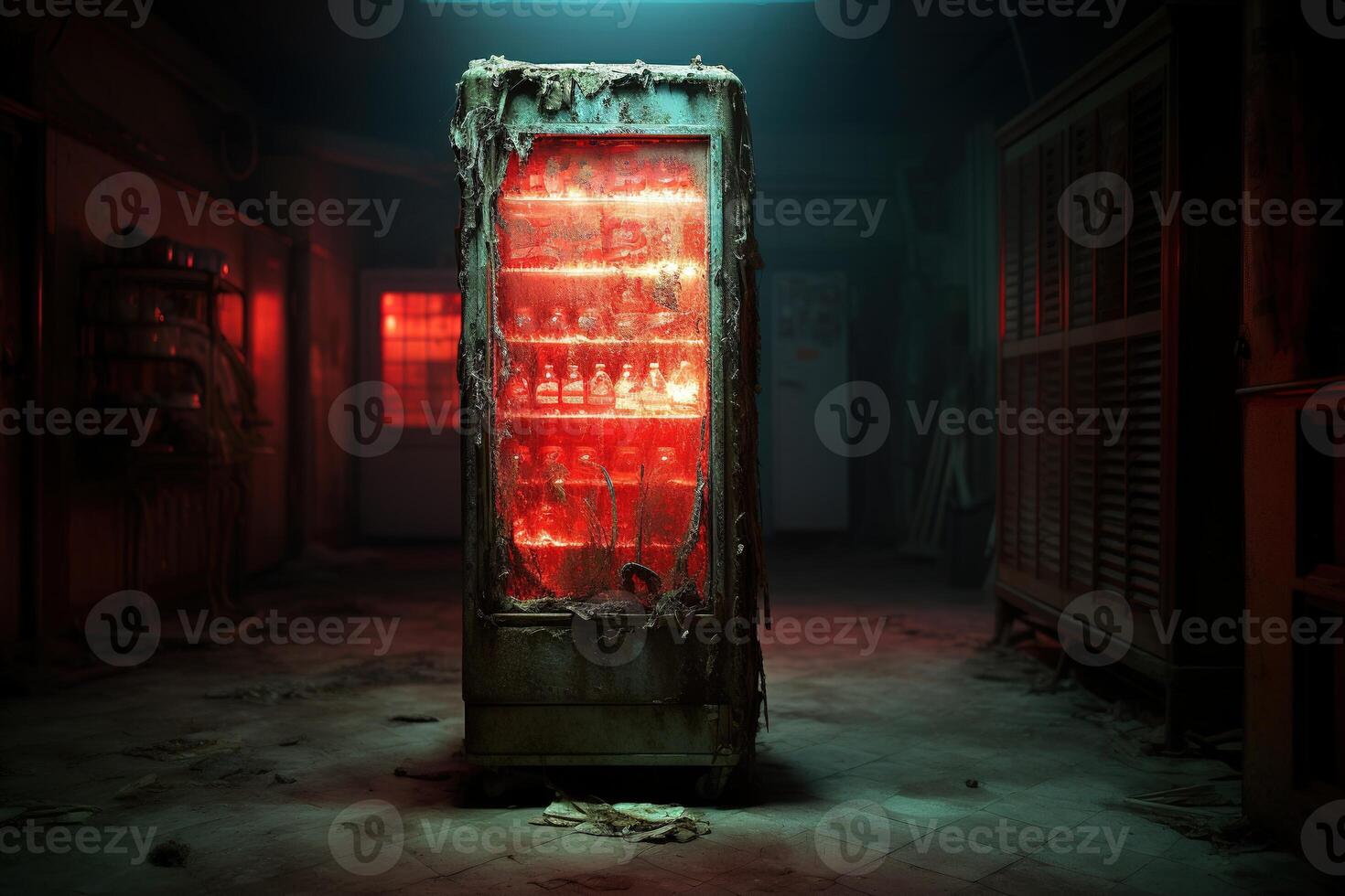 ai genererad skrämmande lysande kylskåp i en mörk övergiven mataffär foto