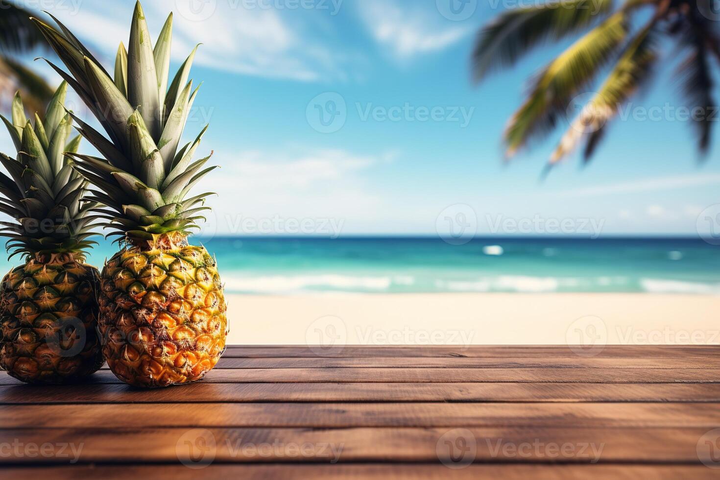 ai genererad två ananas på trä- tabell topp med sommar havsstrand på bakgrund foto