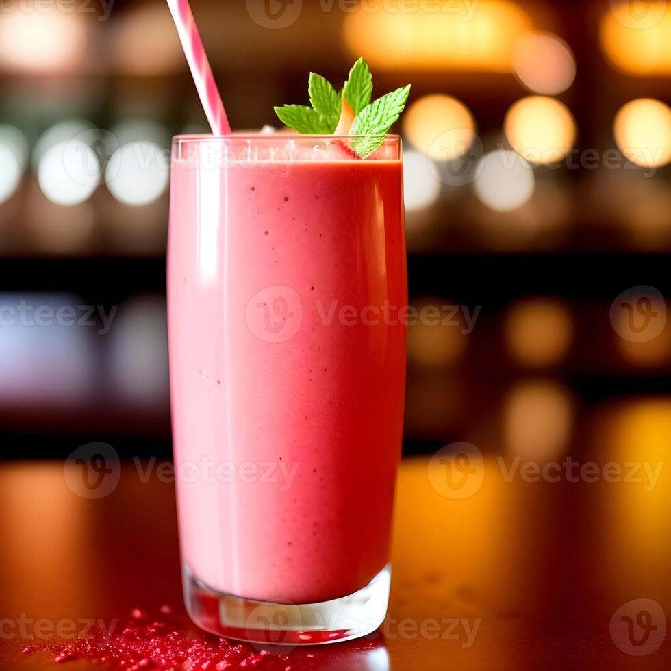ai genererad friska jordgubb smoothie i en transparent glas med jordgubbar. generativ ai. foto