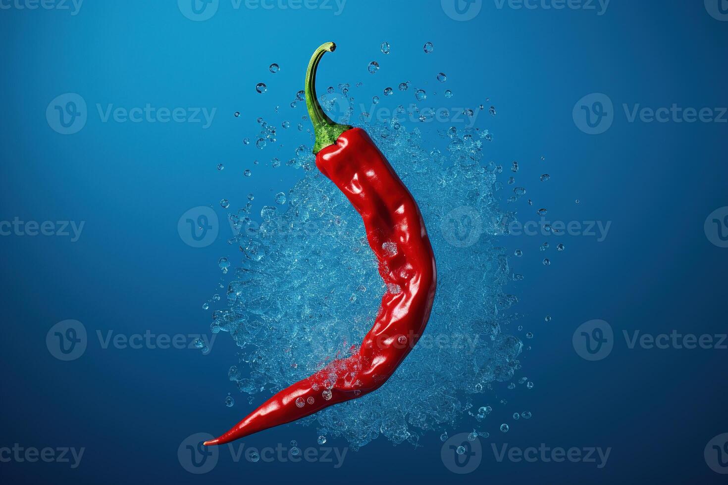 ai genererad böjd varm röd chili peppar stänk i klar vatten på en blå bakgrund foto