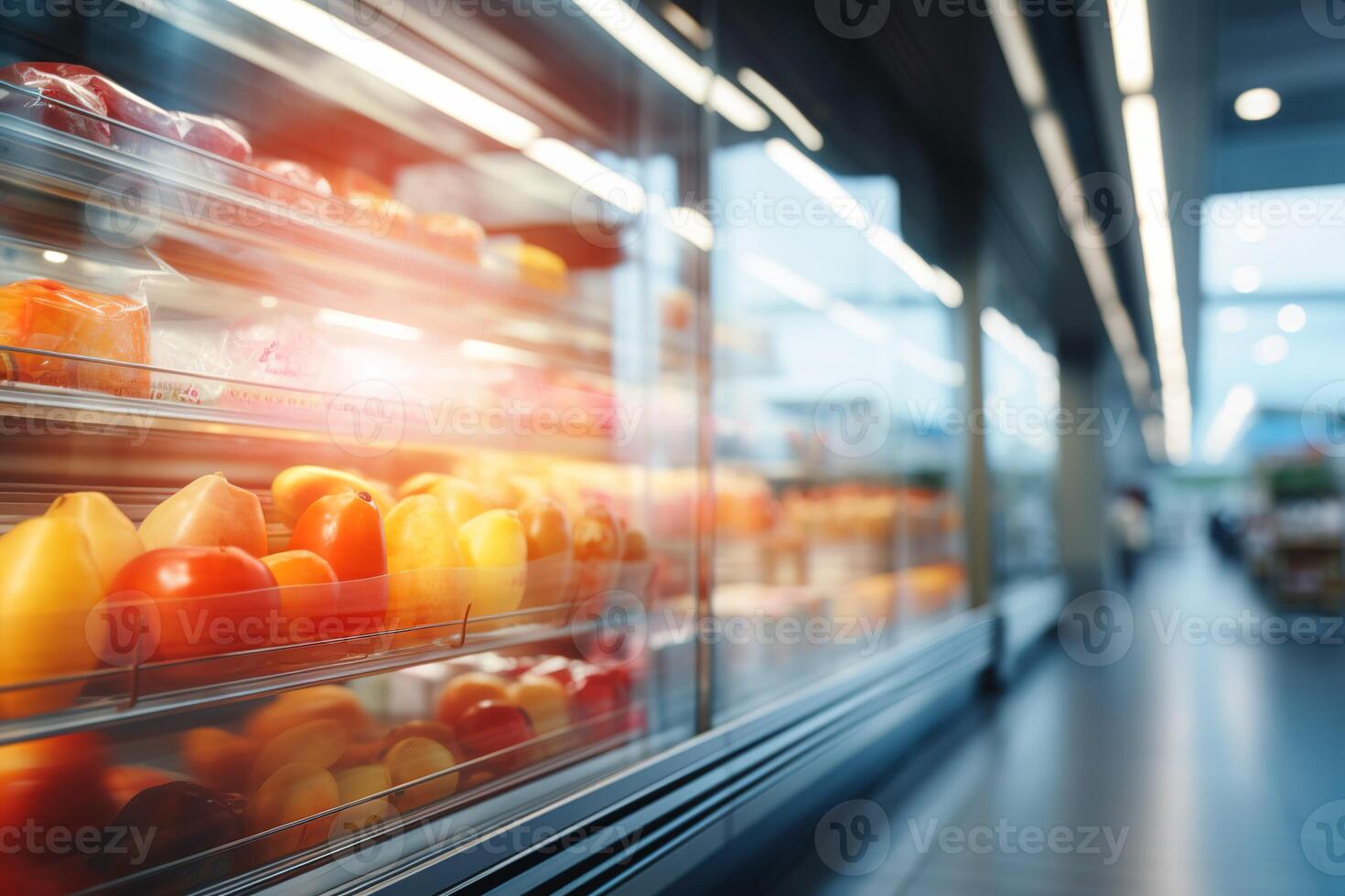ai genererad mataffär kylskåp hyllor med frukt suddig bakgrund foto