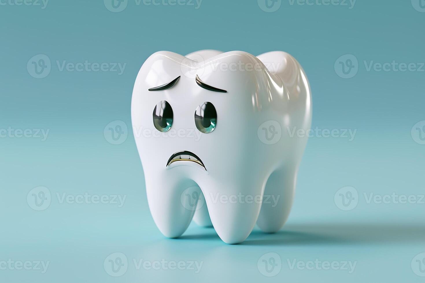 ai genererad volumetriska illustration av en tand i en tecknad serie stil med en ledsen känsla på blå bakgrund foto