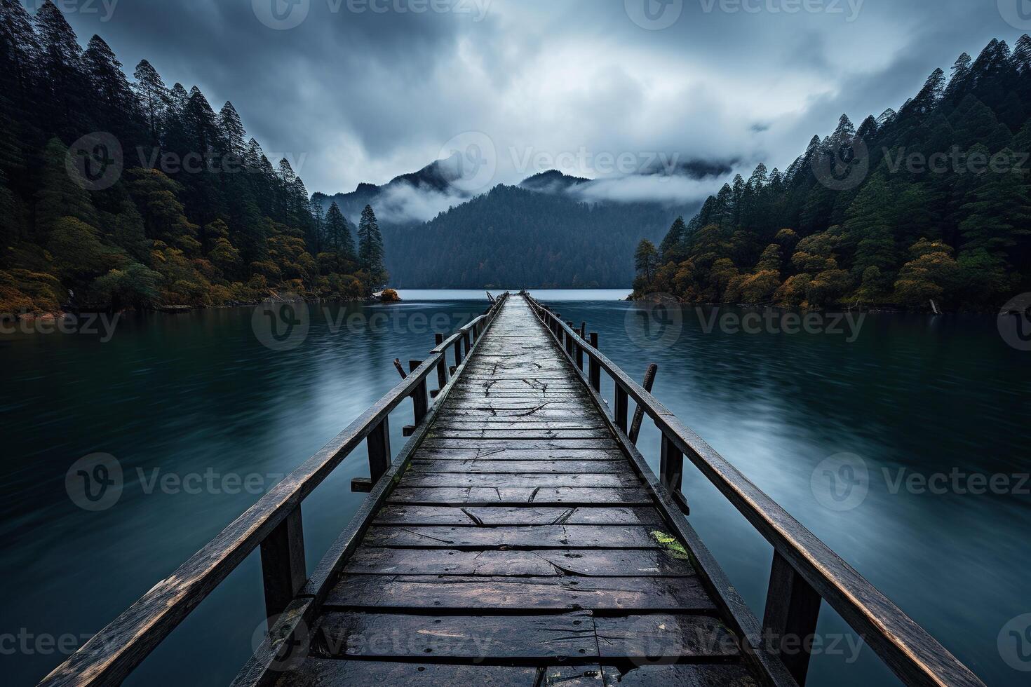 ai genererad trä- brygga över de berg sjö med skog på regnig molnig dyster dag foto