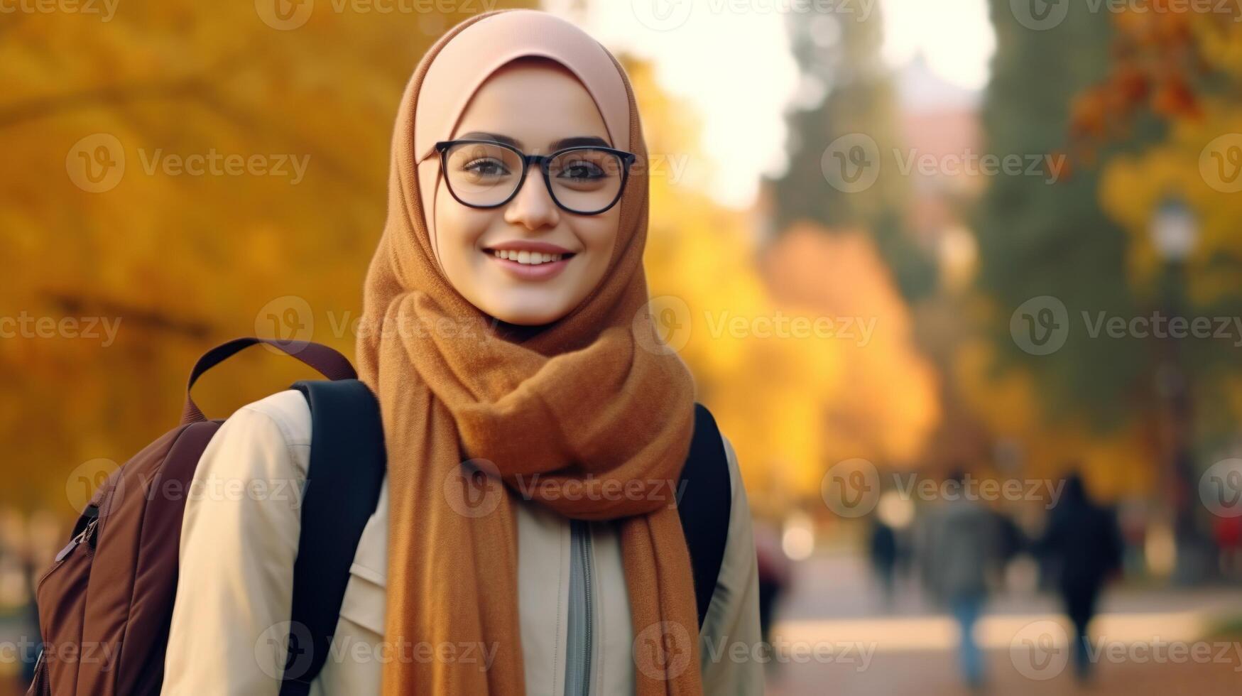 ai genererad skön studerande leende flicka med hijab ryggsäck glasögon i de parkera, höst. utbildning inlärning foto