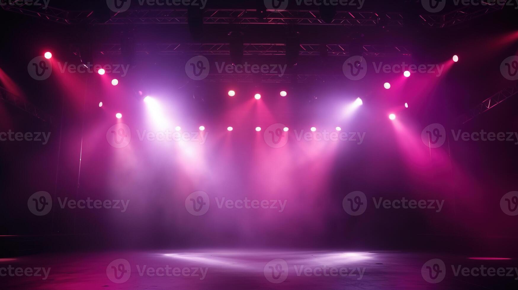 ai genererad skede ljus med röd rosa lila spotlights och rök. konsert och teater mörk scen foto