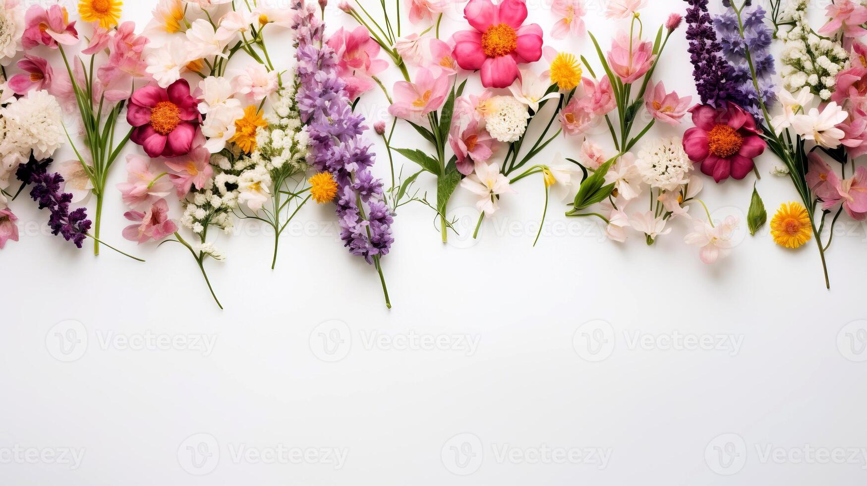 ai genererad blommor sammansättning på vit bakgrund. vår blommor på vit grunge bakgrund, platt lägga, studio hög kvalitet skott, dag ljus. foto