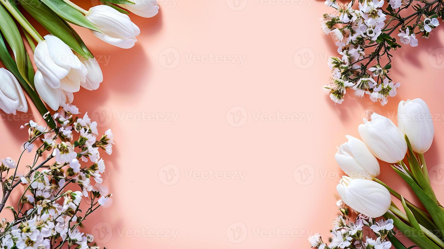 ai genererad blommig vår ram av blommor på en rosa bakgrund. vår blommig ram med plats för text. foto