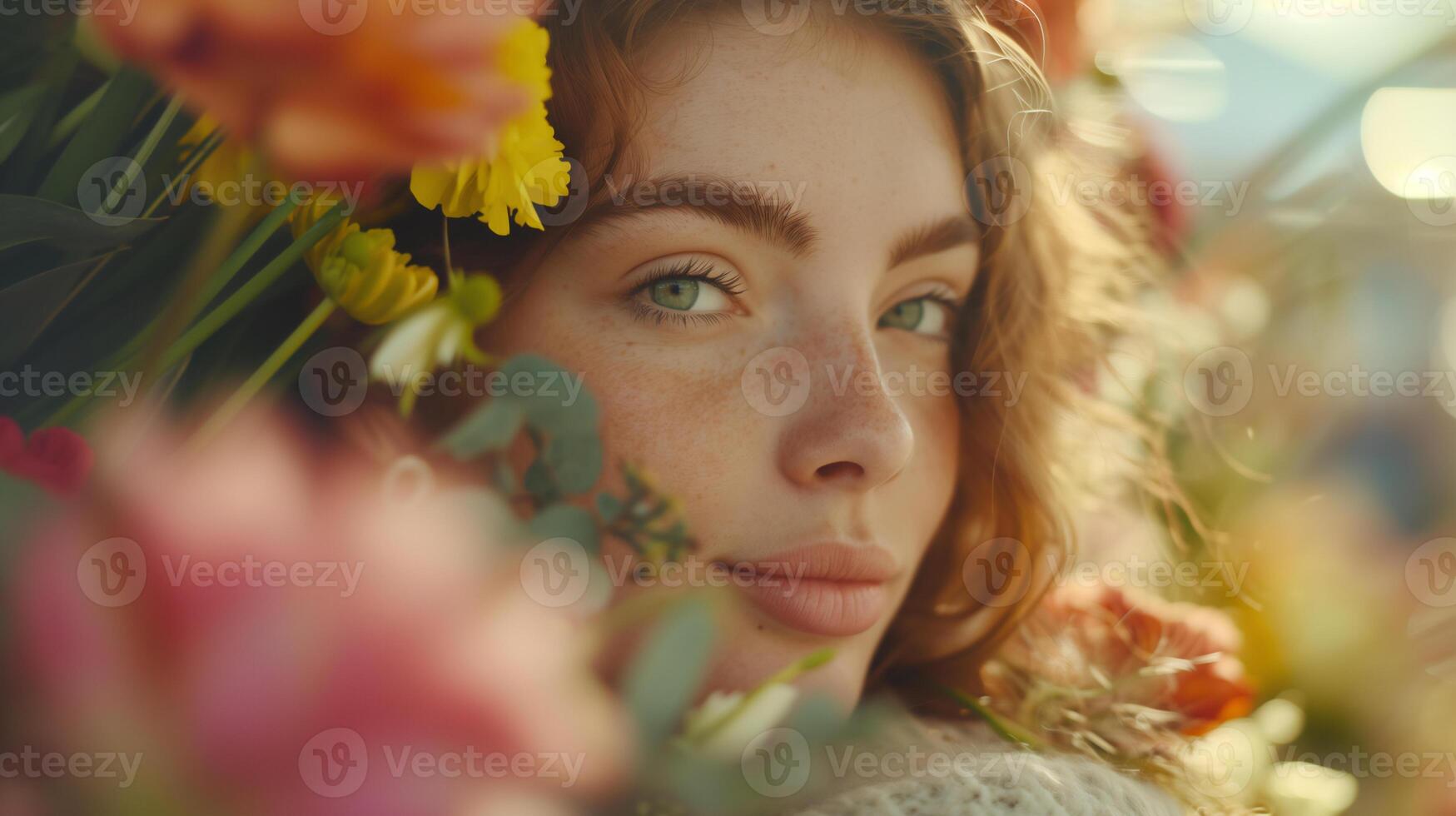 ai genererad skön ung kvinna med blommor i henne hår. foto