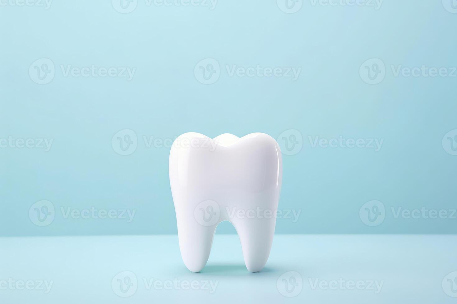 ai genererad friska vit tand leksak karaktär på blå bakgrund med kopia Plats. foto