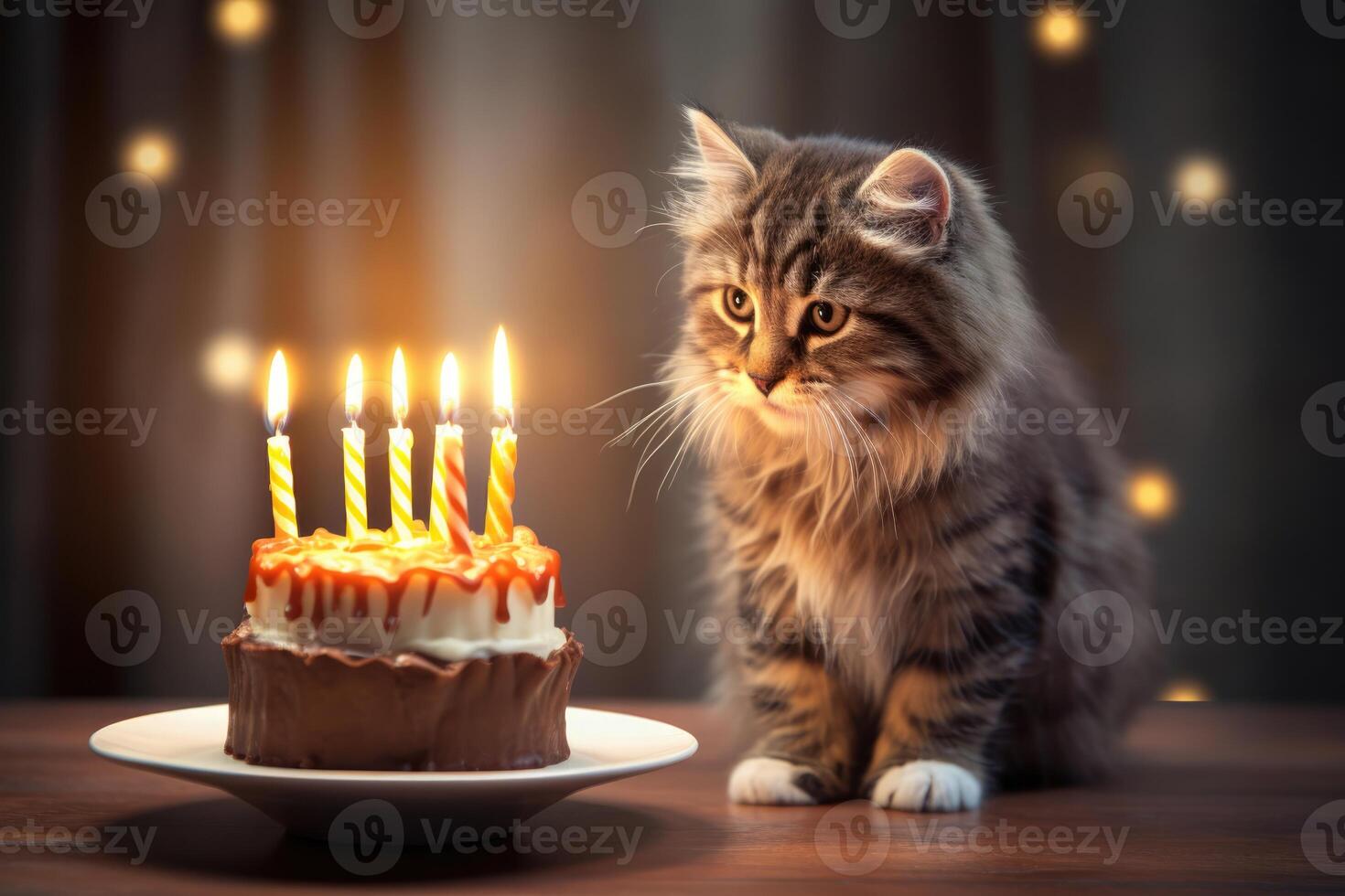 ai genererad fluffig söt kattunge katt Sammanträde i främre av festlig kaka med ljus fira en födelsedag fest foto