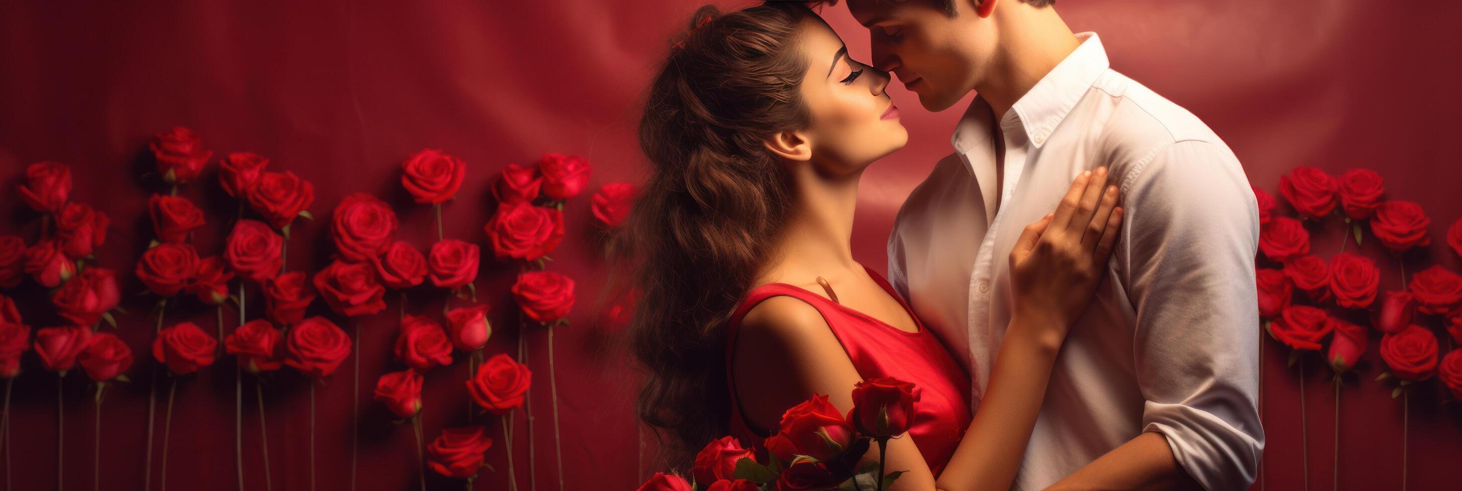 ai genererad Lycklig ung par fira hjärtans dag i en stor rum. röd bakgrund med en stor bukett av röd blommor foto