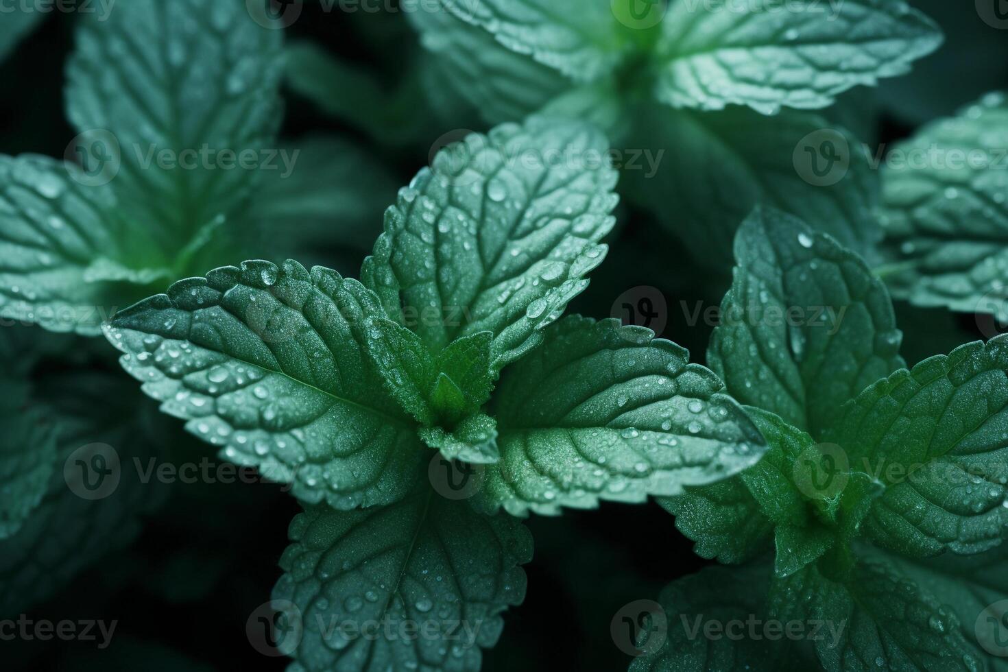 ai genererad färsk mynta löv med vattendroppar makro bakgrund, pepparmynta stänga upp se. ai genererad. foto