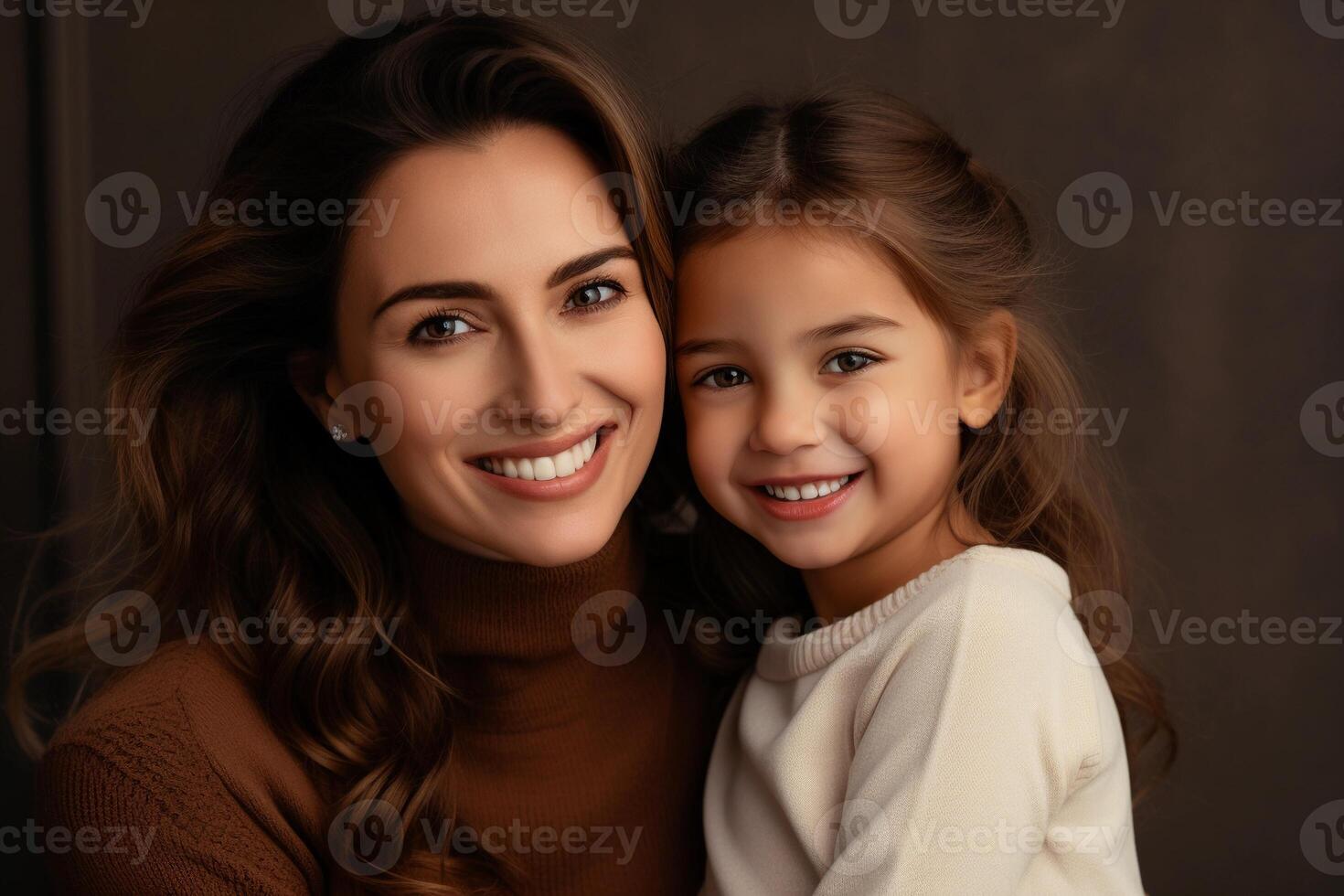 ai genererad porträtt av leende mor och henne liten dotter, stänga upp. ai genererad. foto