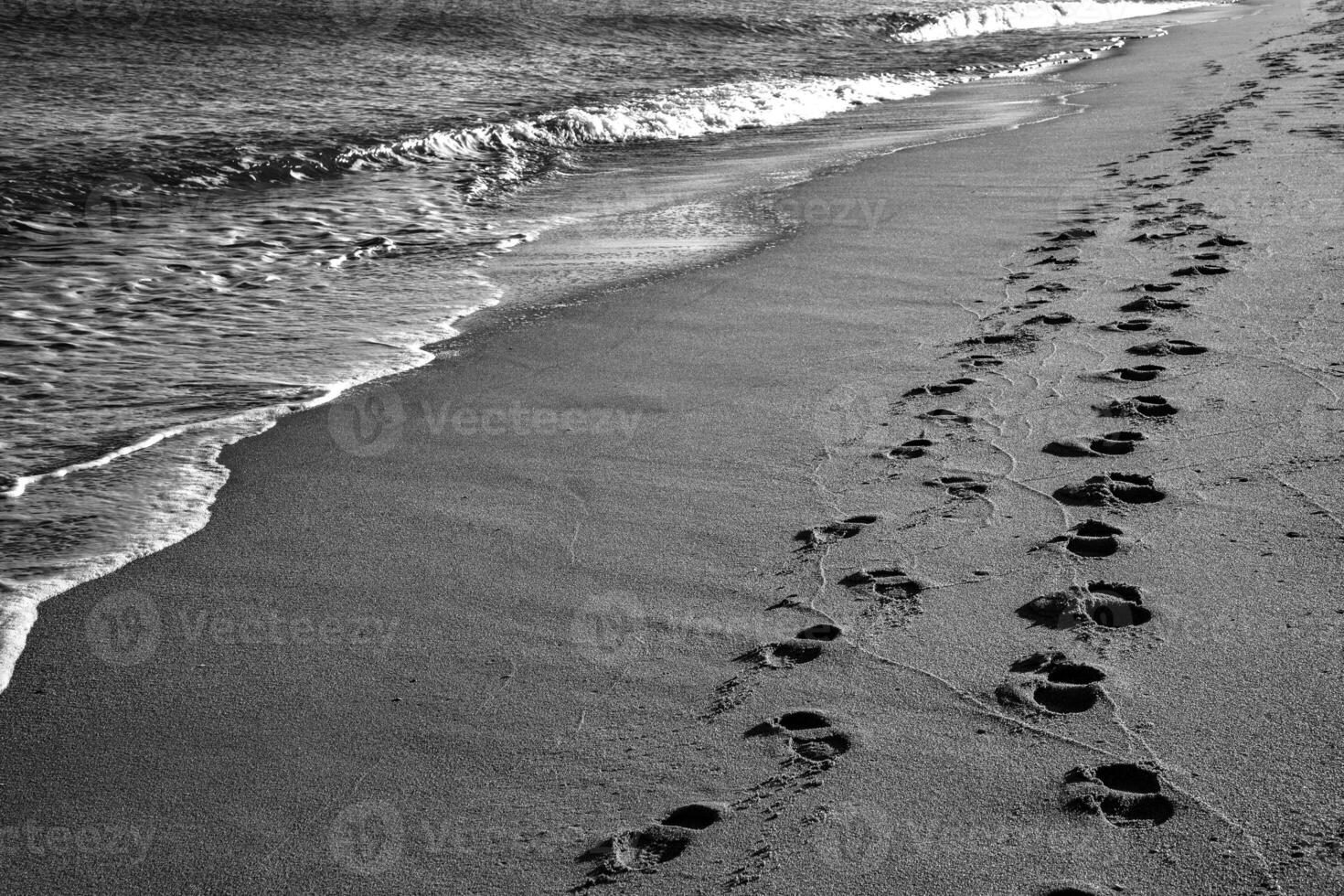fotspår på de strand. en fotavtryck av mänsklig fötter på de sand nära de hav. foto