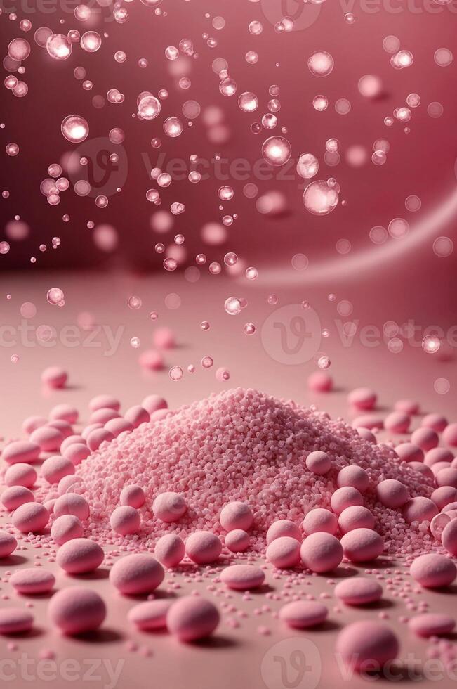 ai genererad rosa bubblor sprida ut tvärs över de rosa yta, varierande i storlek och textur. foto