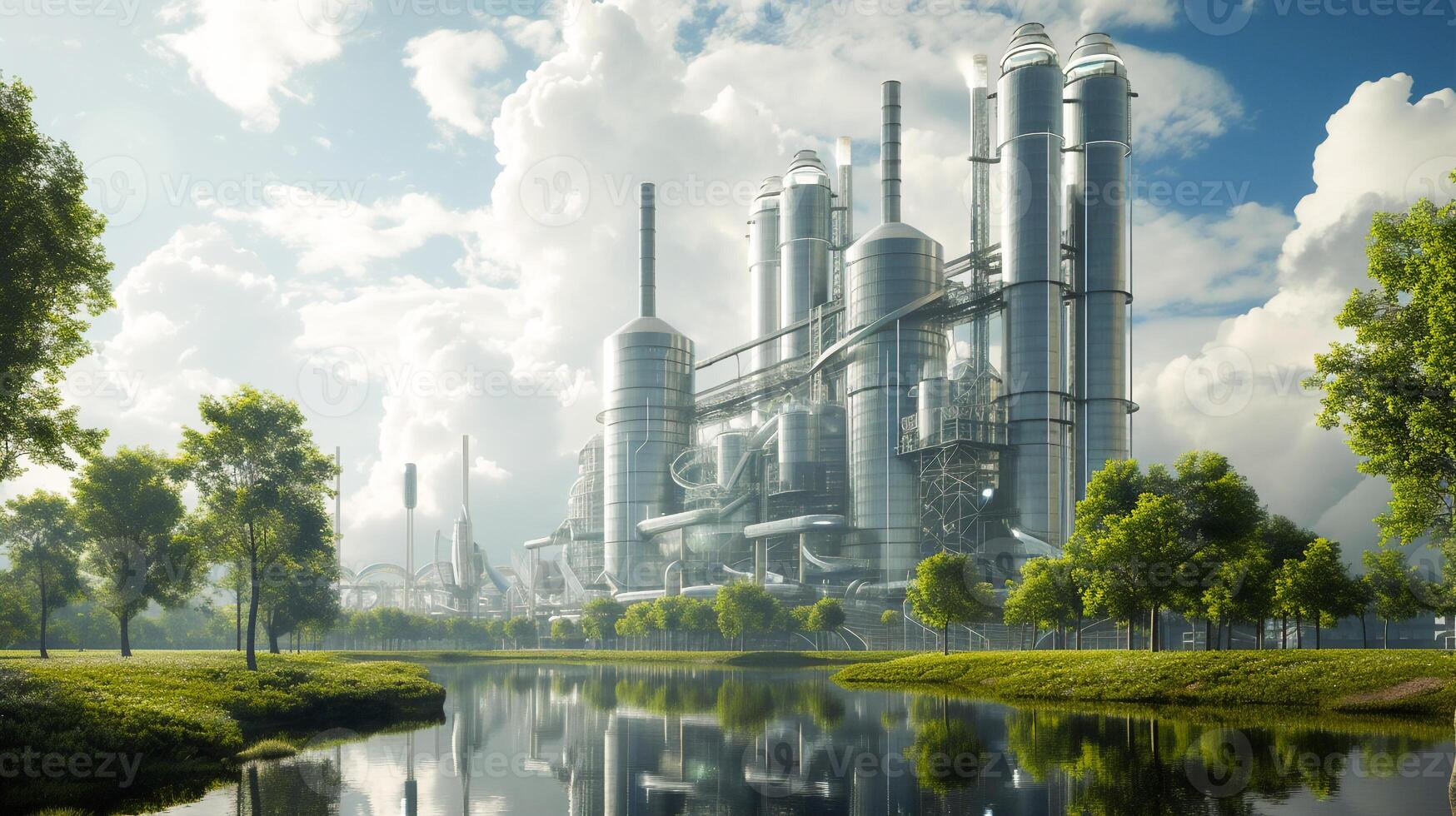 ai genererad trogen fabrik med Bra miljö, miljövänlig fabrik grön fabrik koncept, noll kol framtida foto
