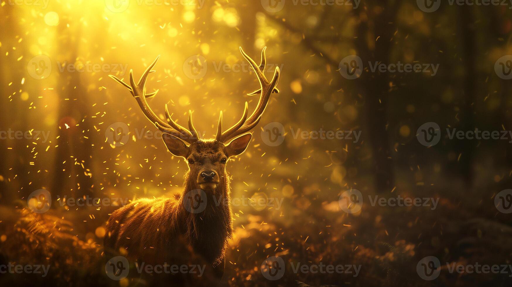 ai genererad natur vilda djur och växter scen ung rådjur med stor horn i de skog . foto