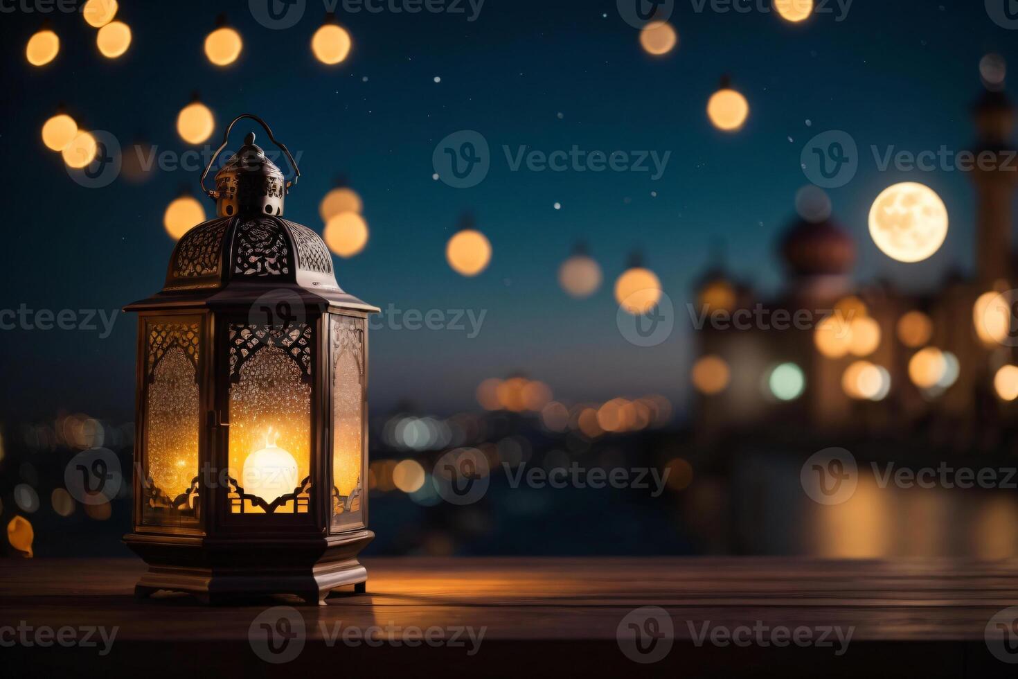 ai genererad en lykta, mjukt belyst förbi en ljus, traditionell tull observerats under ramadan kareem. tapet baner med kopia Plats. foto
