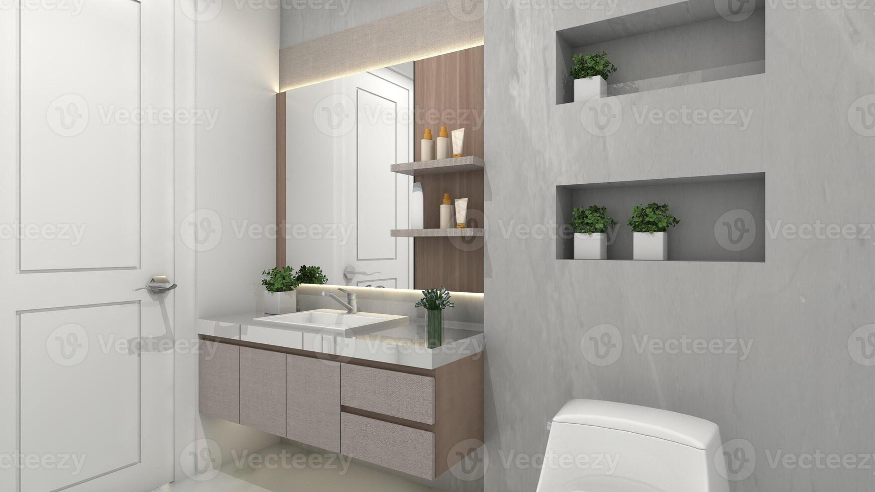 minimalistisk och modern badrum med trä- tvätta hand skåp foto