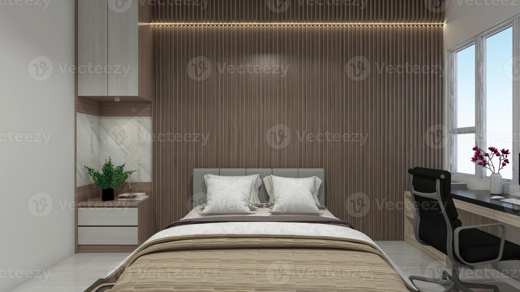 interiör sovrum design med rustik stil använder sig av trä- inredning, 3d illustration foto