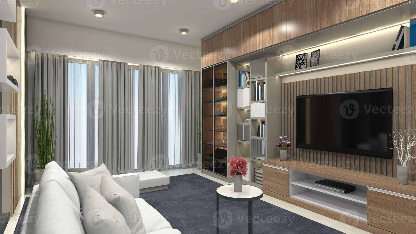 lyx och modern vardagsrum design med trä- TV skåp och garderob visa, 3d illustration foto