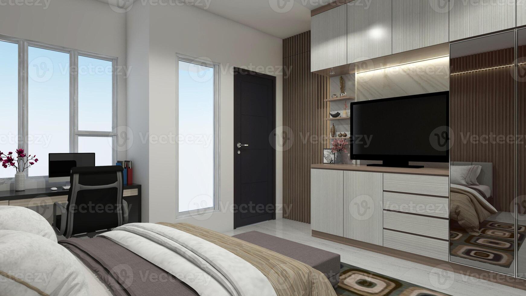 modern TV skåp design med avdelning lagring för sovrum interiör, 3d illustration foto