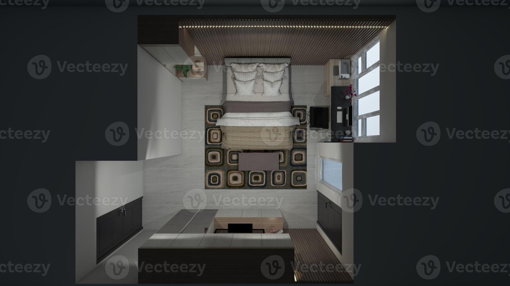 topp se layout minimalistisk sovrum design, 3d illustration foto